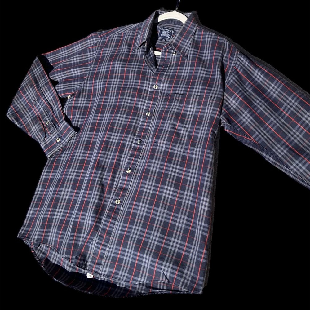 Burberrys Vintage Burberry London Nova Check Plaid Navy Long Sleeve Shirt M L XL